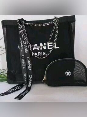 Black Mesh Tote Bag Set Chain Strap + Cosmetic Pouch | Chic Travel Beach Bag
